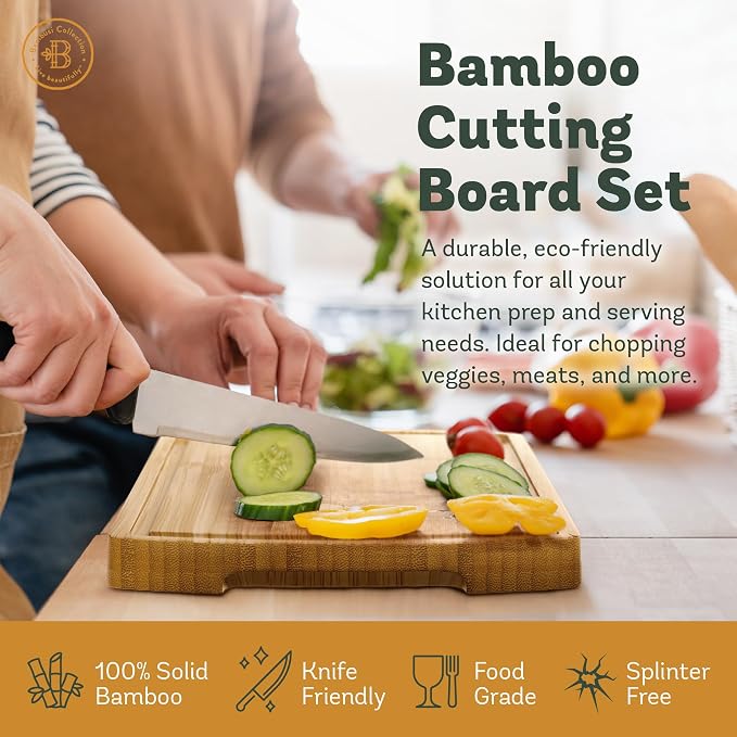 Bamboo Cutting Boards for Kitchen, Extra Large Wooden Chopping Board Set | Deep Juice Groove, Knife-Friendly, Side Handles, Reversible Butcher Block, for Serving, Meat, Veggies, Cheese, 4 Sizes