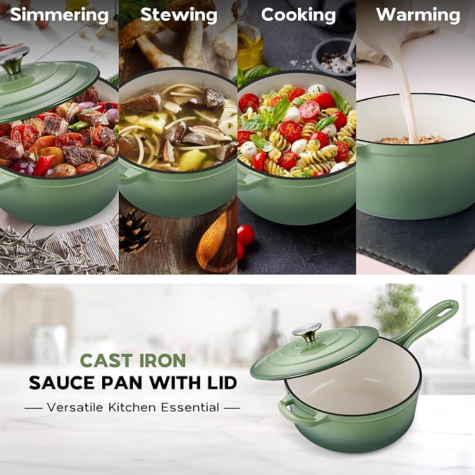 Onader 3QT Sauce Pan with Lid, Enameled Cast Iron Saucepan, Small Dutch Oven Cooking Kitchen Pot, Nonstick & Heavy Duty – Pistachio Green