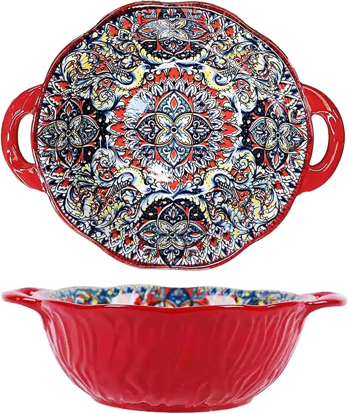 2 Pack Boho Ceramic Serving Bowls with Handles, 40 Oz Porcelain Salad Bowls, Large Serving Dishes for Entertaining, Mixing Bowls for Soup, Stew, Pasta, Cereal, Colorful Embossed Cute Bowls Set SH