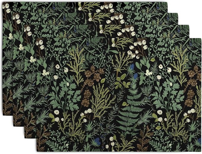 Black Sage Green Leaves Placemats Set of 4 Vintage Botanical Fern Leaf Floral Place Mats Farmhouse Heat Resistant Washable Kitchen Dining Linen Table Mats for Home Party Decor 12x18 Inch