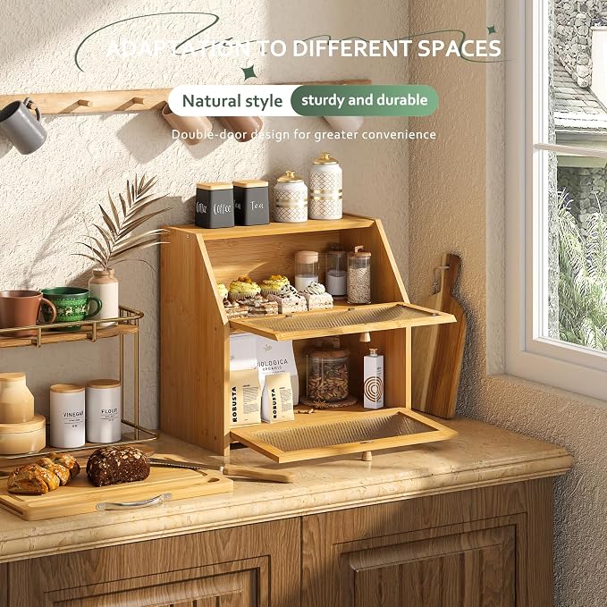 STDDRE Double Layer Bamboo Corner Bread Box with Cutting Board(Natural) | Extra-large capacity. Double Layer Bread Storage Bin with Door Panel for Kitchen Counter.for kitchen counter