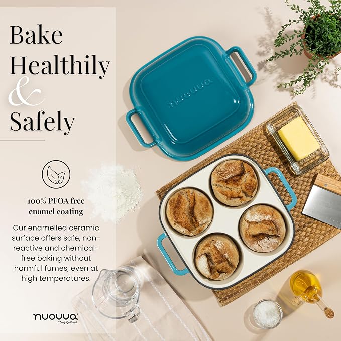 QuadPro Enamelled Cast Iron Bread Loaf Pot – Dutch Oven for Sourdough Bread Baking – 500°F Oven Safe Non Stick Bread Pot – 4 Round Loaf Spaces (4.90-inch Diameter), Light Blue – by Nuovva