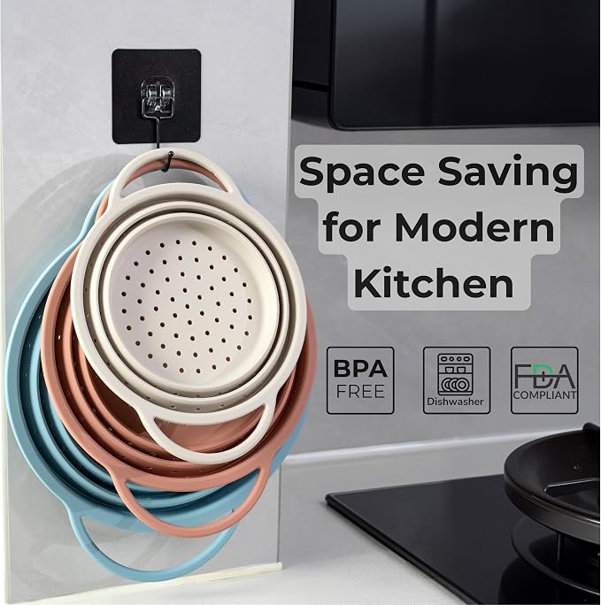SelectShen™ Collapsible Silicone Colander Set, Stainless Steel Rim (3 Pk) | Heat-resistant, dishwasher-safe platinum silicone strainers. Sturdy stainless steel rim. BPA-free, space-saving, set of 3
