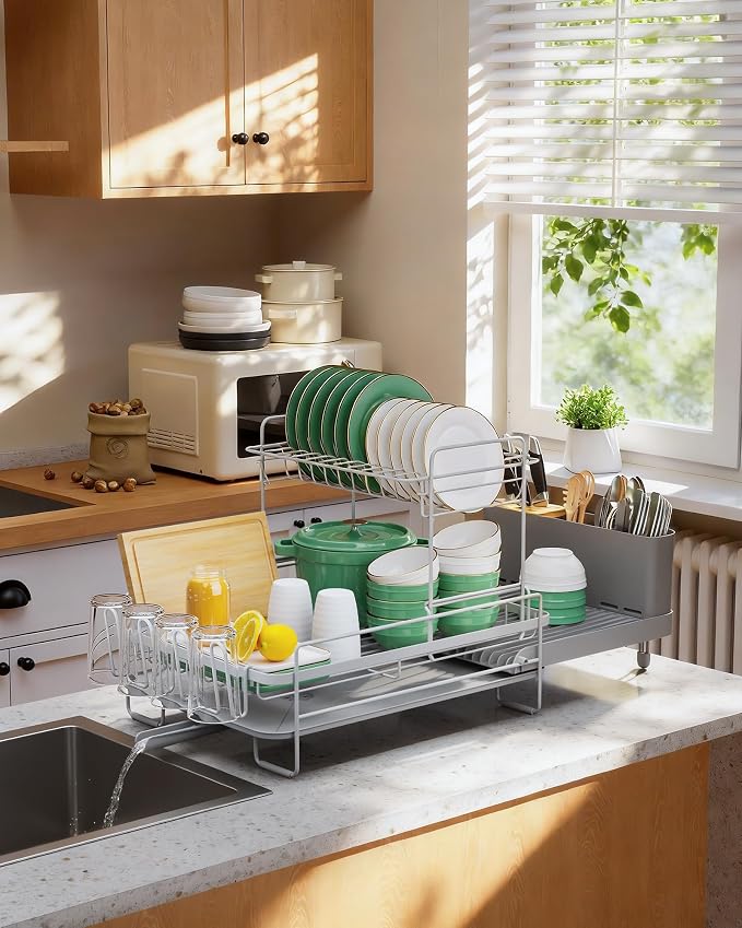 Kitsure Extendable Dish Drying Rack, 19.2"-26.7" L x 12.9" W, 2-Tier | Large Dish Rack, Multifunctional Dish Rack for Kitchen Counter, Anti-Rust Dish Drainers with Cutlery & Cup Holders,Grey