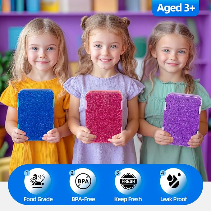 Bento Lunch Box, Snack Bento Lunch Containers Boxes, Shiny Blue | 5/6 Compartments, 3 Cups BPA Free, Dishwasher Safe, for Kids, Back to School, On-the-Go Meal, Ages 3+, School