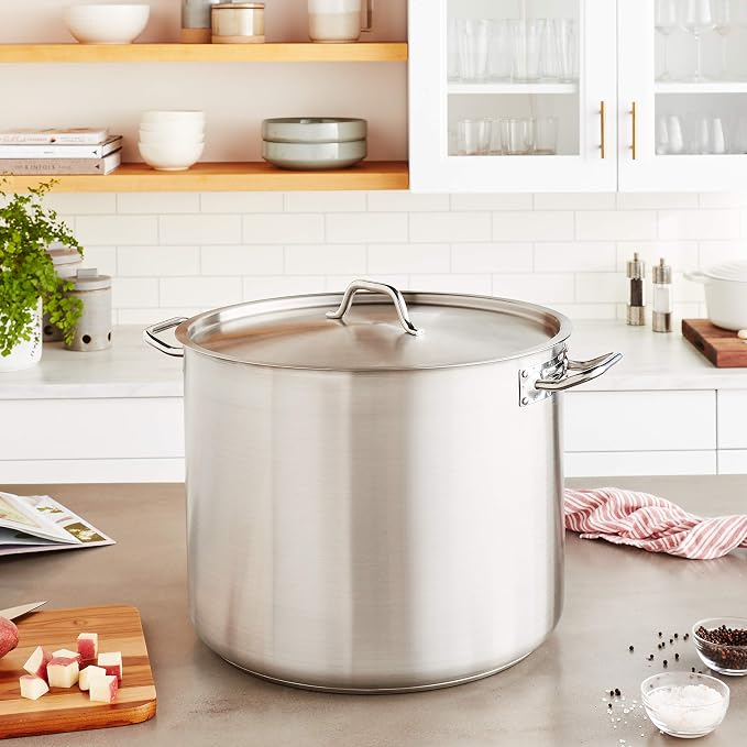 Winco 60 qt Stainless Steel Stock Pot with Cover | Dishwasher safe, Heavy-duty, Tri-ply heating, Riveted handles, Great for Stocks, Soups, Pasta and Batch Cooking