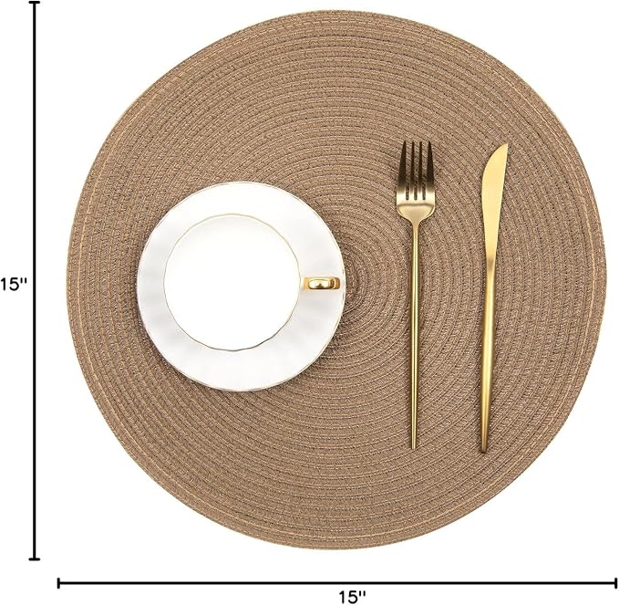 SHACOS Round Placemats Set of 4 Woven Braided Kitchen Table Placemats 15 inch Round Place Mats Washable Table Mats Indoor Outdoor, Brown
