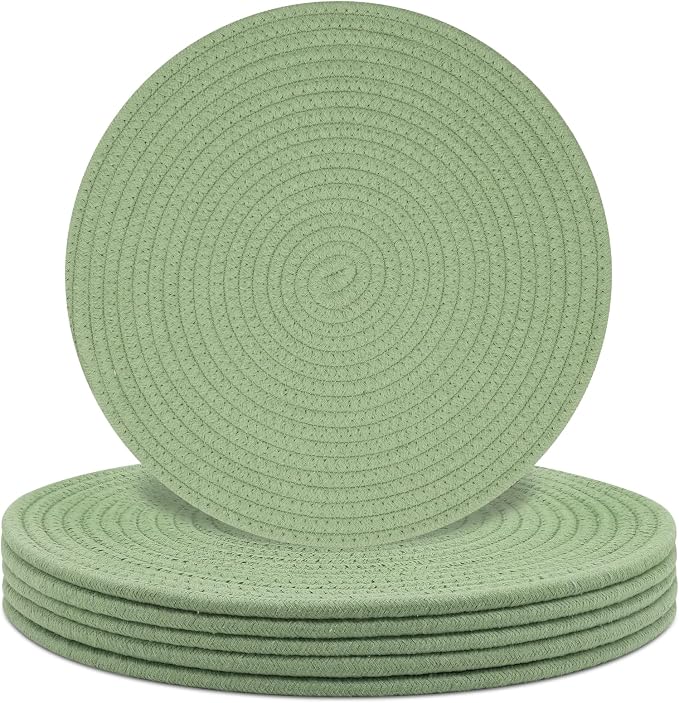 Round Placemats Set of 6, Cotton Rope Woven Table Mats, Hot Pads for Kitchen, Non Slip Heat Resistant Place Mats, 13 Inches Braided Placemat for Farmhouse Decor and Kitchen Table Decor (Green)