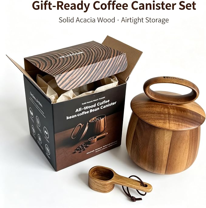 All-Wood Coffee Bean Canister – 98oz Jar with Airtight Silicone Seal & Gift Box – Coffee Storage, Countertop Decor