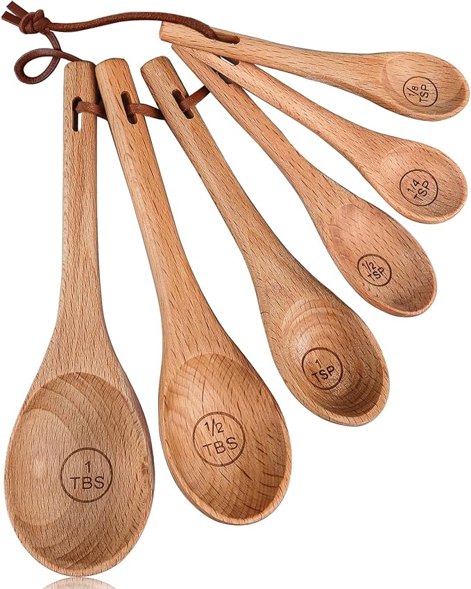 6pcs Measuring Spoons, Natural Beechwood, Gift Set | 1 tbsp, 1/2 tbsp, 1 tsp, 1/2 tsp, 1/4 tsp & 1/8 tsp, For Cooking Baking, Rustic Teaspoon Tablespoon, For Dry Ingredients