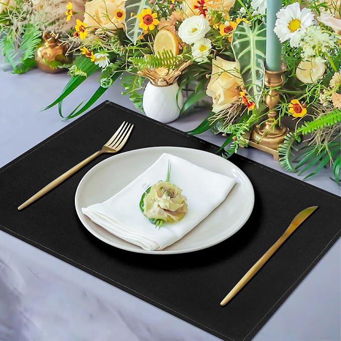 Black Placemats Set of 8, 12x18 Inch Faux Linen Table Mats | Heat Resistant and Washable Design, Easy to Clean Surface for Dining Rooms, Kitchens, Outdoor Parties and Everyday Home Decor