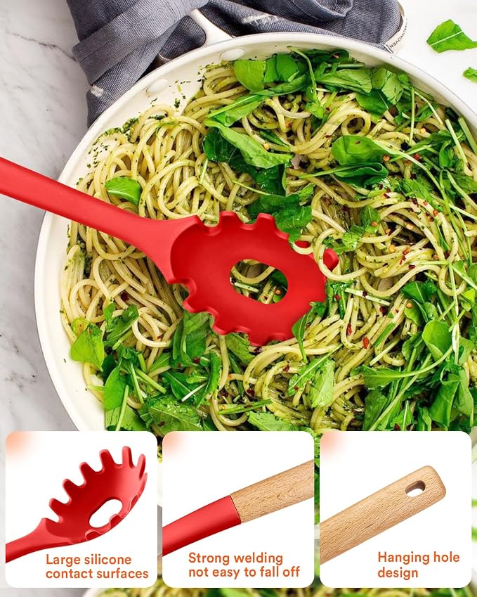 13PCS Silicone Kitchen Utensils Set for Nonstick Cookware, Red | Food Grade, Heat Resistant Kitchen Utensil Spatula Set, Wooden Handles Kitchen Gadgets Tools Set