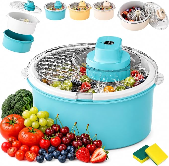 Electric Fruit Cleaner Spinner, 2-in-1 Salad Spinner, Strainer & Food Dryer, Multifunctional Fruit & Vegetable Washing Spinner Bowl, Home One-Touch Cordless Produce Cleaner Device (Blue,Electric)