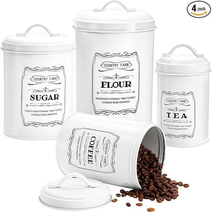 Set of 4 Kitchen Canisters with Airtight Lids, Coffee Tea Sugar Flour Tin Jars Nesting Food Storage Container Set for Farmhouse Decor, 4 Sizes