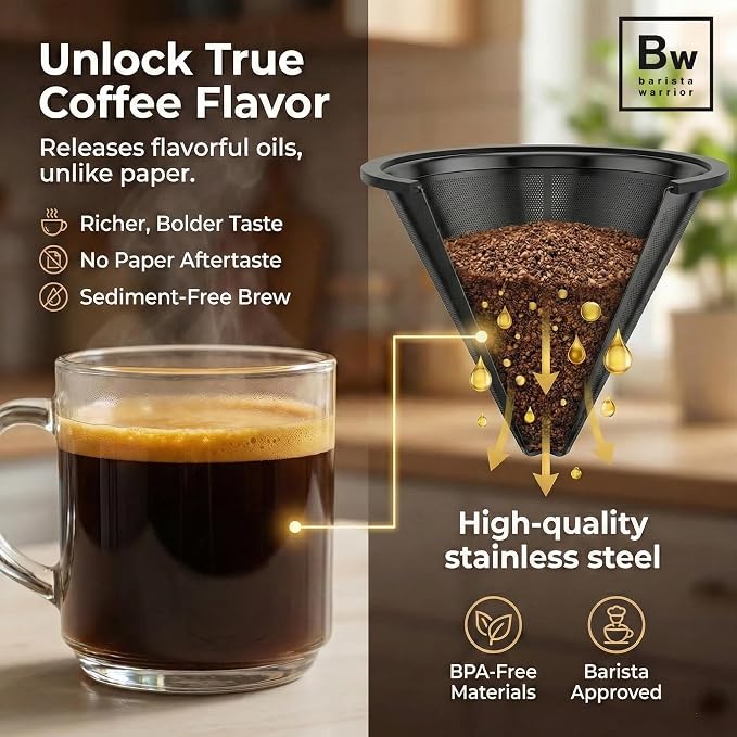 Barista Warrior Reusable Coffee Filter - Stainless Steel Pour Over Dripper, Compatible for Chemex, Hario V60 & Drippers, Easy to Clean Flavorful Brew Fine Mesh Coffee Filter - Black Titanium