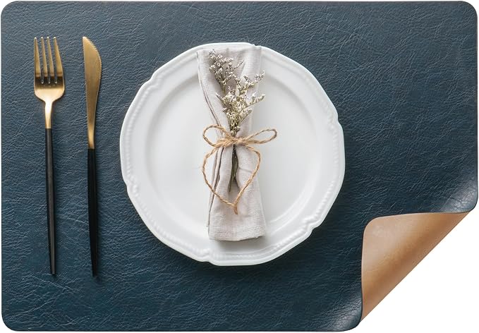 Placemats Set of 4, DOLOPL Reversible Dual-Color Faux Leather Place Mats 17"x11.8"– Waterproof, Heat Resistant, Washable & Wipeable, Luxury Retro Style for Kitchen, Dining Table (Camel/Navy Blue)