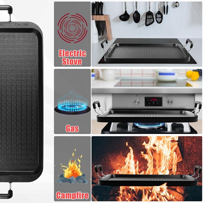 2-Burner Griddle Pan with Glass Lid - Nonstick Stovetop Griddle for Gas & Glass Cooktops - Aluminum Camping Grill Pan for Breakfast (Pancakes/Eggs/Bacon) (22"L x 12"W x 1.77"Th)