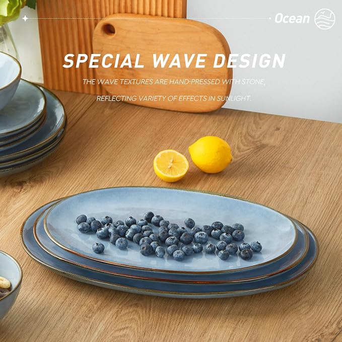 famiware Serving Platters Set of 3 Sizes - Oval, Blue | 15.59"/14.3"/12.9" Fine Stoneware Serving Trays for Party, Entertaining for Food, Turkey, Cheese, Microwave Dishwasher Safe