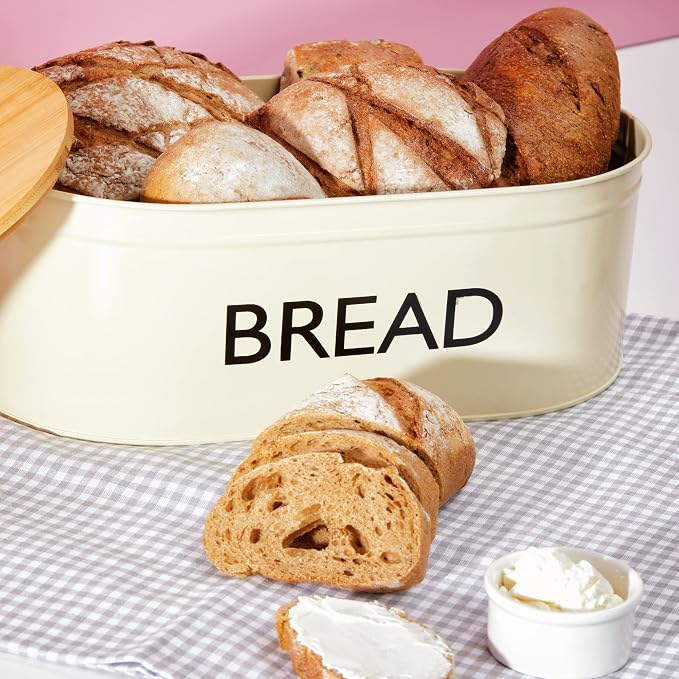 RoyalHouse Premium Metal Bread Box with Bamboo Lid | Stainless Steel Large Bread Bin Storage Container And Organizer for Kitchen Countertop, Vintage Style Kitchen Decor