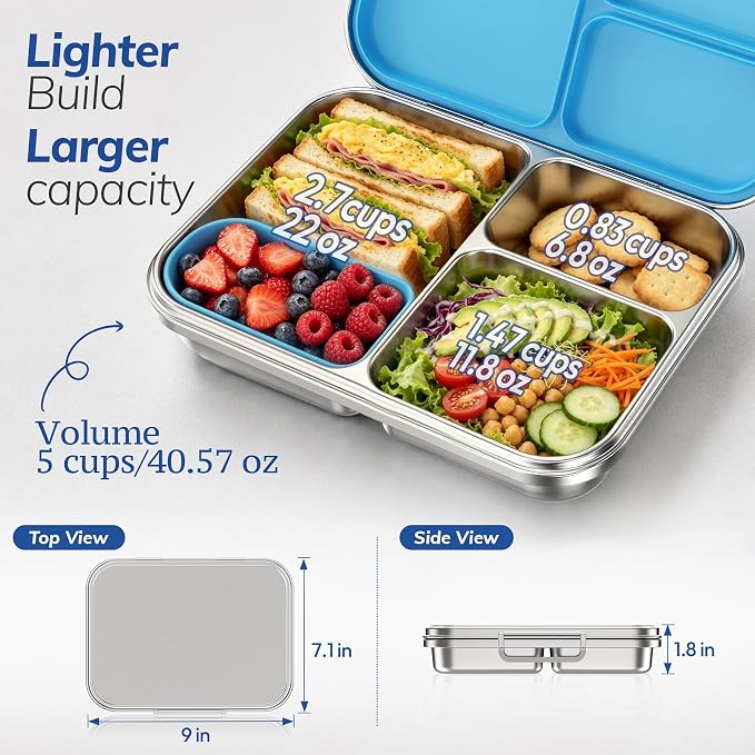 Stainless Steel Bento Lunch Box for Kids and Adults,3 Compartment Meal Lunch Box with Detachable Silicone Lid,Leak-Resistant Food Container with Snack Cup for School,BPA-Free(Blue)