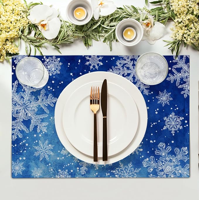 Winter Blue Snowflake Placemats Set of 4 Merry Christmas Snowflakes Linen Fabric Table Mats Seasonal Xmas Holiday Washable Place Mats for Party Kitchen Dining Outdoor Indoor Decor