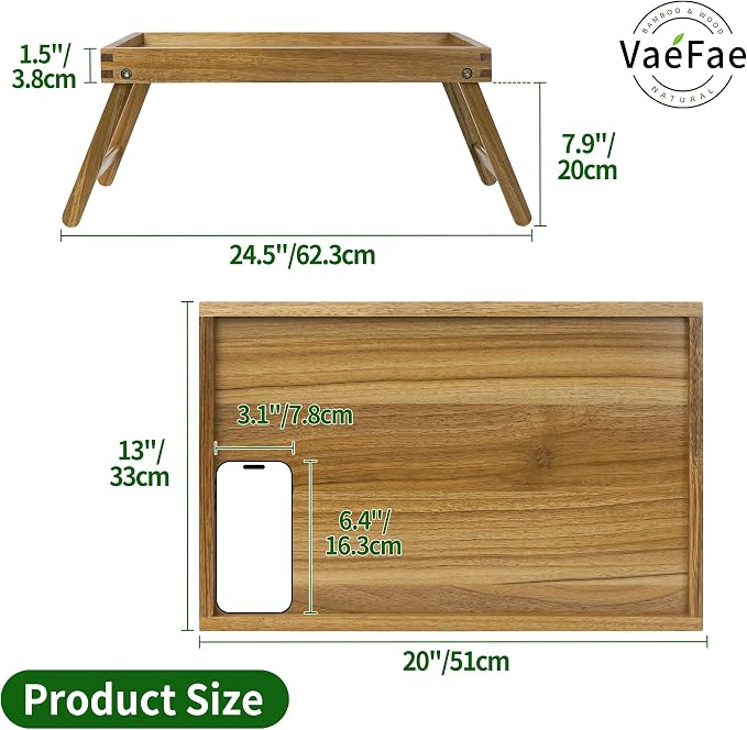 VaeFae Acacia Bed Table Tray, Wooden Breakfast Tray with Folding Legs, Bed Tray for Eating and Laptop, Eating Trays for Bedroom (Large Size)