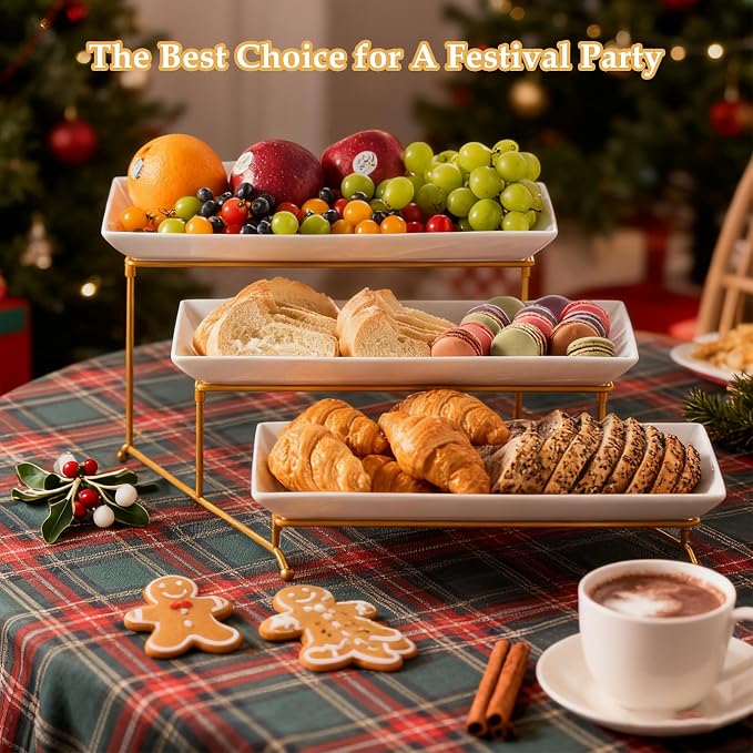 LYEOBOH 3 Tier Serving Stand and Platters Set Tiered Serving Tray for Party | 14 Inches Large Tiered Serving Platters with Collapsible Sturdier Rack for Appetizer Fruit, Dessert and Cupcake, White