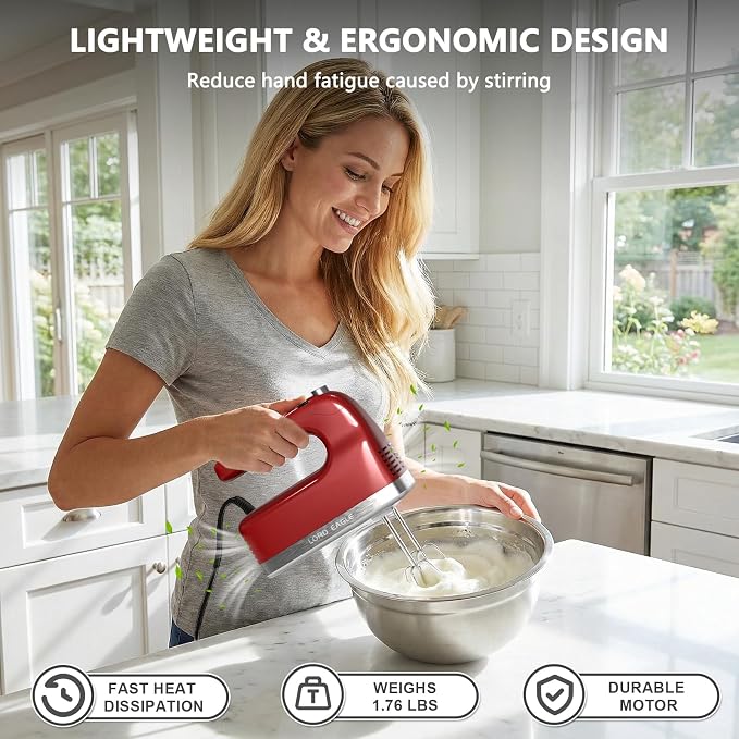 Lord Eagle 9-Speed Digital Hand Mixer Electric Handheld, 500W DC Motor | Kitchen Mixer for Cake Baking, Lightweight Egg Beaters with Stain-resistant & Waterproof Storage Bag & 6 Accessories, Red