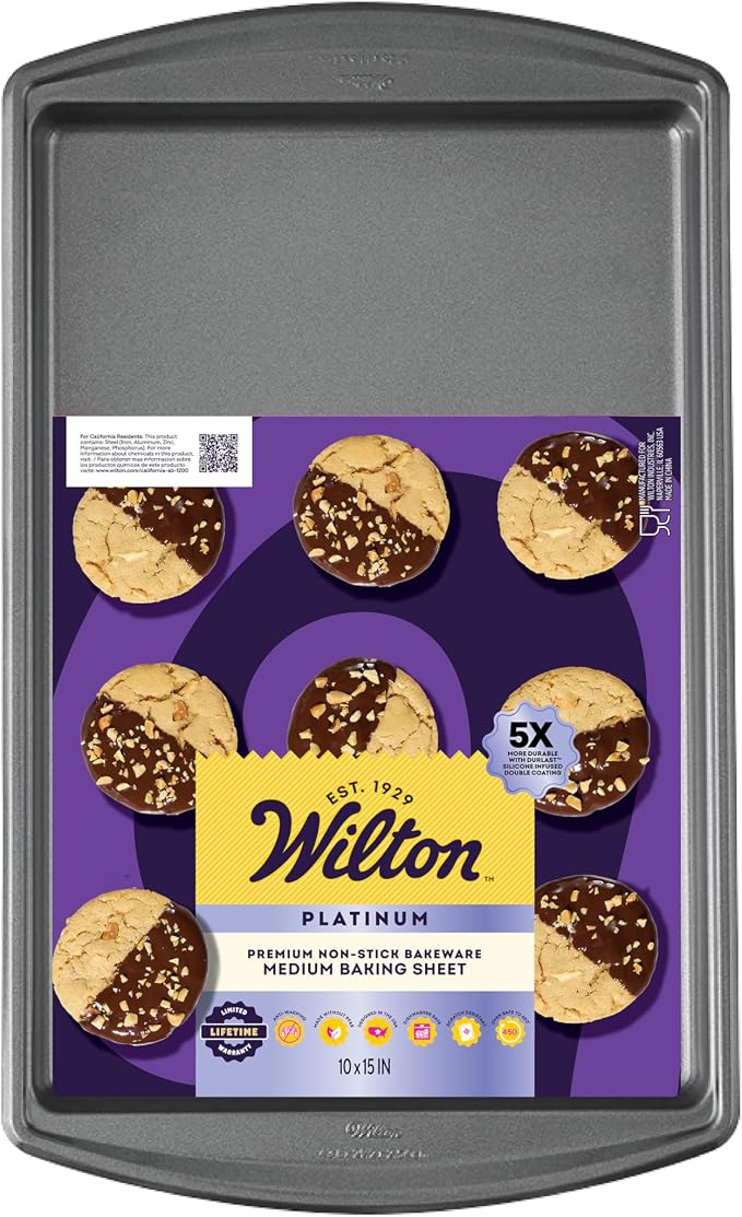 Wilton Platinum Non-Stick Baking Sheet, Made Without PFAS, 10 x 15 in. | DURALAST Silicone Infused Double Coating, 5X More Durable with Anti-Warping Technology, Perfect for Cookies & Sheet Baking
