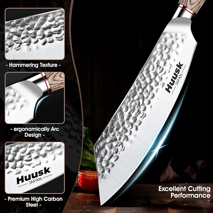 Huusk Japanese Meat Cleaver Knife - 8 Inch Butcher Knife for Meat Cutting | Hand Forged Butcher Cleaver for Meat & Vegetable Cutting, Sharp Kitchen Knife with Pakkawood Handle, Gift Idea for Men Women