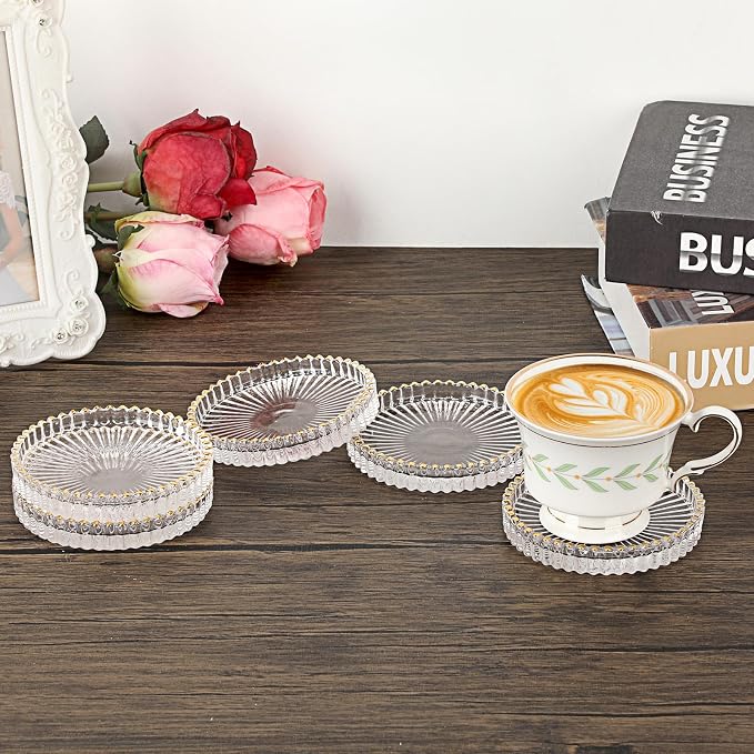 Set of 5 Modern Clear Coaster-Glass Coasters for Drinks,Clear with Gold Rim | Crystal Coasters Round Cup Mat, Coffee Table Decor for Office, Kitchen, Bar, Dining Room, Living Room, Patio