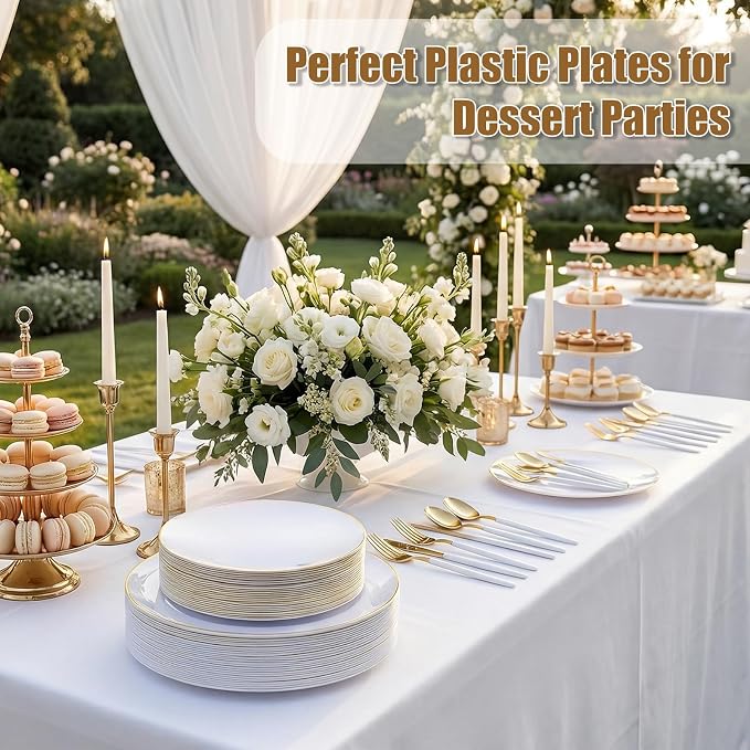 DaYammi 150Pcs Gold Plastic Plates with Disposable Silverware,White Gold Disposable Dinnerware Set - 30 Dinner Plate,30 Dessert Plate,90 Gold Cutlery with White Handles,Fancy Plates for Party Wedding