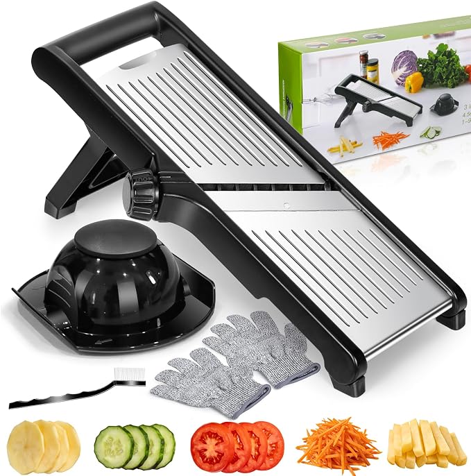 Mandoline Slicer, Adjustable Stainless Steel Vegetable Slicer for Kitchen | Mandoline Food Slicer for Vegetable, Onion, Potato, Fruit French Fry, Send Cut Proof Gloves & Cleaning Brush, Dishwasher Safe