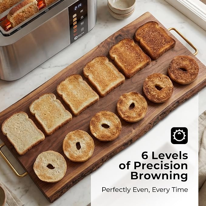 Balter Toaster 4 Slice Wide Slot, Bagel Function, Long Slot, Stainless Steel, Touch Screen, Built-in Rack, Extra-Wide 1.5" Slots for Thick Breads & Bagel, Timer, BPA-Free, 6 Levels, Removable Tray