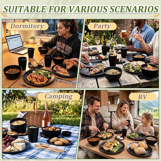 PYRMONT 40 PCS Plates and Bowls Set Wheat Straw Plate Bowl Set Unbreakable Dishes Set for 8 Dishwasher & Microwave Safe Dinner Sets for Kitchen,New House,Dorm-Black