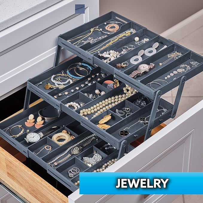 Ontel Smart Drawer Organizer - Multi-level Jewelry Holder, Cosmetics Organizer, or Office Drawer Organizer with Adjustable Dividers for Organization and Storage, Fits Drawers 9.5"W x 7.5"L x 2.75"D