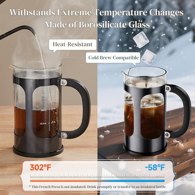 Veken French Press Coffee Maker, No Plastic Touching Cafe,34oz 1 L Cafetera | Thickened Glass Stainless Steel Cold Brew Pot for Kitchen,Travel,Camping,Tea, Gifts, Bar Accessories,Dark Pewter