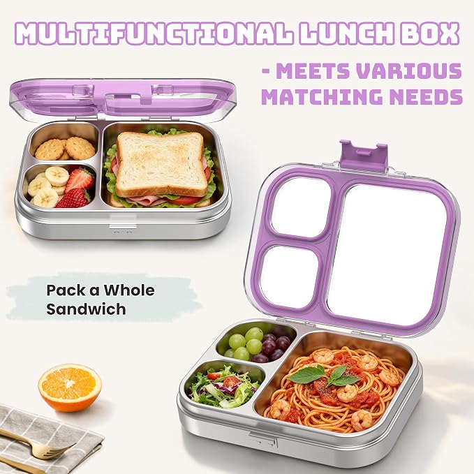LOHASOK Stainless Steel Bento Lunch Box, 800ml,Purple | 3-Compartment, Leak Proof, Lightweight, Clear Plastic Lid, for Kids Adults, BPA/BPS Free, Dishwasher Safe