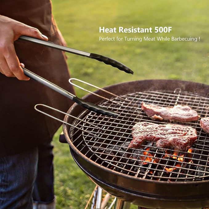 5-Piece Silicone Spatulas Set with Tongs, 446°F Heat Resistant, Black | Steel-core Utensils, Nonstick-safe Silicone Turners and Tongs for Flipping, Grilling, Mixing and Baking, Dishwasher Safe