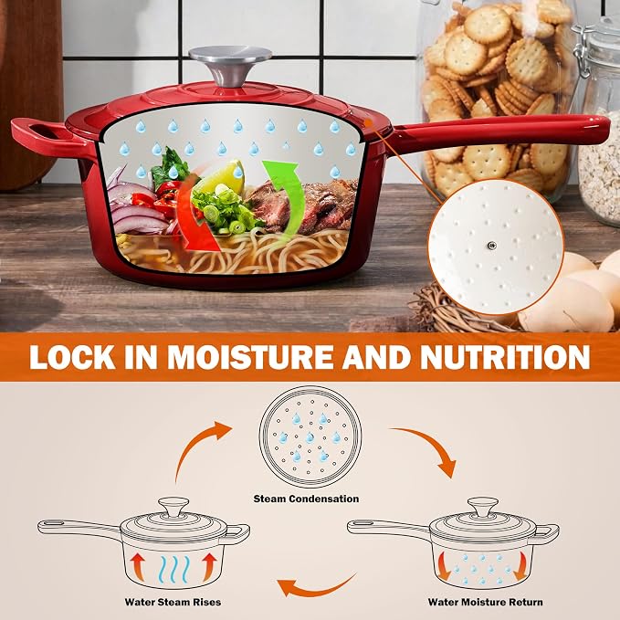 Homikit 3 Quart Saucepan with Lid, Enameled Cast Iron Sauce Pan, Enamel Cast Iron Cooking Pot Mini Dutch Oven Kitchen Cookware for Making Pasta, Boiling Soup, Warming Milk, Red
