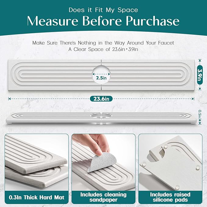 Faucet Mat for Kitchen Sink – Diatomite Stone Drying Mat & Sink Protectors, Prevent Moisture – Sink Splash Guard Water-Absorbing Stone Tray for Bathroom Counter (Light Grey, 23.6" x 3.9")