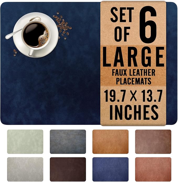 UnivoColors Washed Cowhide Pattern Faux Leather Big Size Placemats Set of 6, Waterproof Easy to Clean Anti-Slip PU Table Mats for Party Decoration19.7″×13.6″,Navy Retro Cowhide Pattern,N