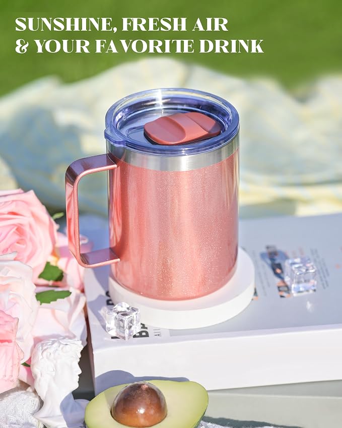 12oz Insulated Coffee Mug with Lid – Includes Two Lids, Stainless Steel Coffee Travel Mug with Handle, Double Wall Vacuum Insulated Camping Mug for Home, Office & Outdoor, Rose Gold