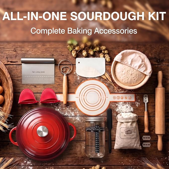 Enameled Cast Iron Dutch Oven Pot with Lid 5.5QT, Sourdough Bread Baking Supplies with Banneton Bread Proofing Basket Set & Starter Jar, Unique Dutch Oven for Bread Baking (Gradient Red)