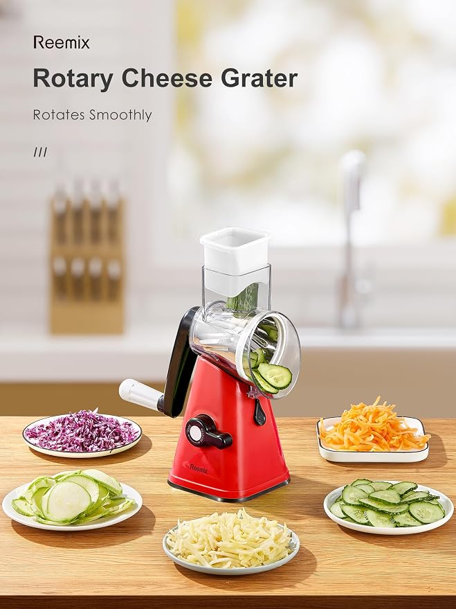 Rotary Cheese Grater with Handle, Reemix Vegetable Cheese | Shredder Slicer Grater for Kitchen 3 Changeable Blades for Cheese Potato Zucchini Nuts Chocolate (Red)