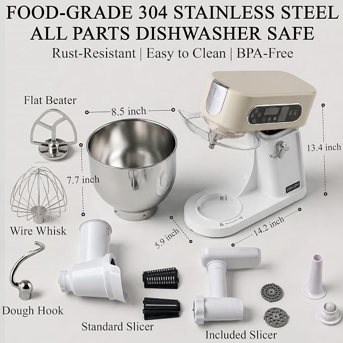 5.3 Qt 9-Speed Tilt-Head Stand Mixer, Multi-Function Electric Mixer | 3 Mixing Attachments, Meat Grinder & Vegetable Slicer, Stainless Steel Bowl, Splash Guard, Easy Clean, Almond Cream