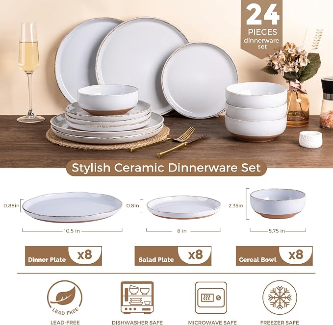 AmorArc Dinnerware Sets for 8, 24 Pieces Ceramic Plates and Bowls Set | Scratch Resistant Stoneware Dishes Set, Dishwasher & Microwave Safe,White