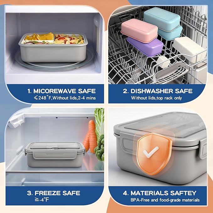 Bento Lunch Box for Adult & Kids, 1100ml Stackable Leak Proof Grey | Includes lunch bag, spoon, fork, sauce box,BPA-free & dishwasher safe,For adults.child, school, work, office, travel, picnic