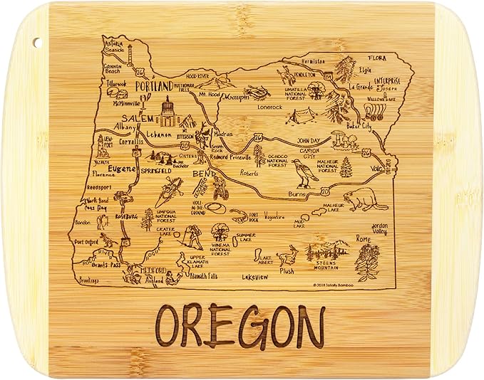Totally Bamboo A Slice of Life Oregon Engraved Map Cutting Board | 11” x 8.75” charcuterie board with engraved state map artwork. Smooth reverse side for food prep. Hang tie for wall display.