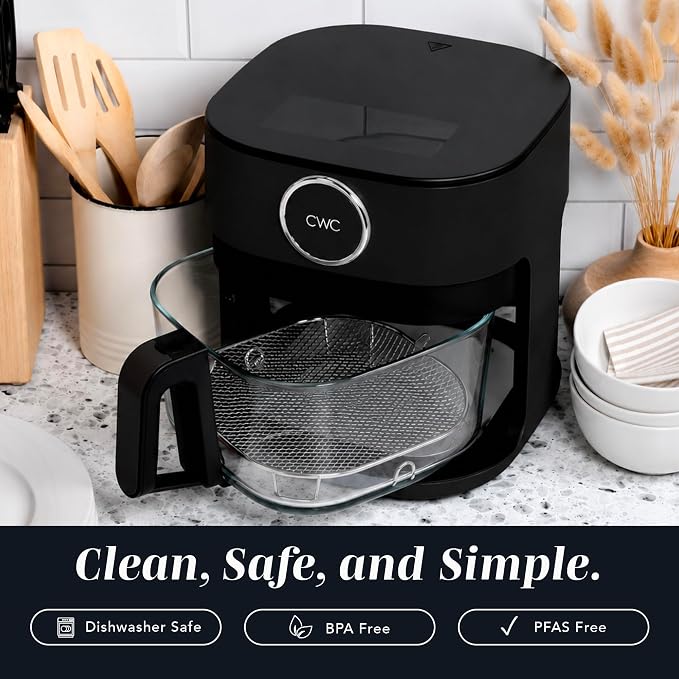 COOK WITH COLOR 1400W 5.5Qt Digital Kitchen Air Fryer with Glass Basket, 8 Presets Healthy Cooking Options, Bake, Fry, Reheat, 60-Min Timer, Adjustable Temperature Control 175°F–400°F, Black